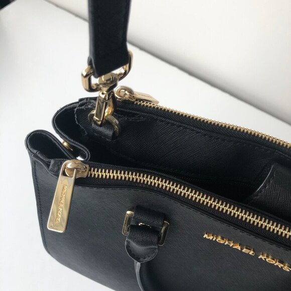 MK MICHAEL KORS SUTTON Saffiano Leather Black Gold Med Handbag 12.5 x 9 x 4" - Picture 15 of 16